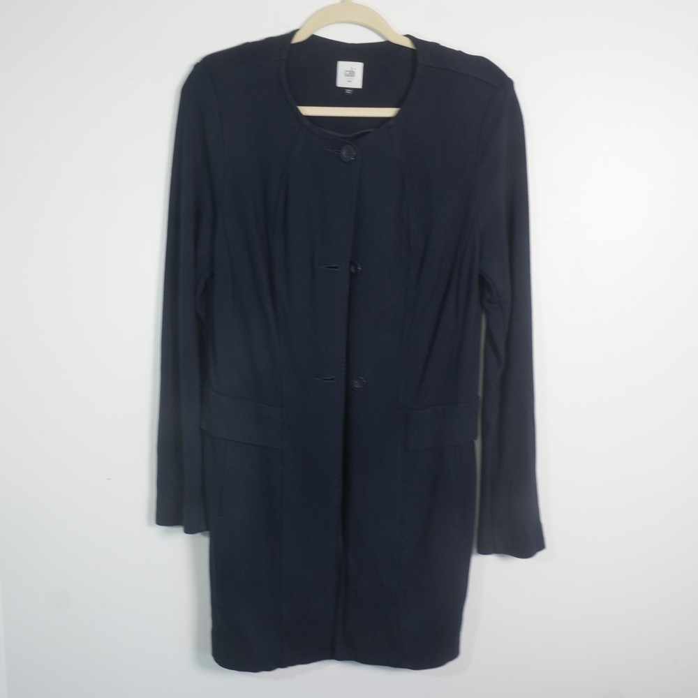 Cabi Longline Knit Blazer Womens Medium Navy Blue 5093 Collarless Career Jacket - Picture 2 of 13